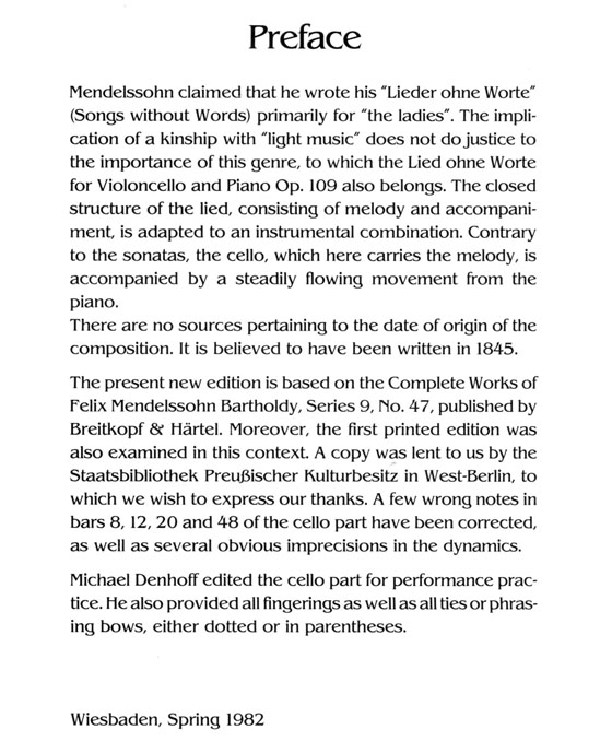 Felix Mendelssohn Bartholdy【Lied ohne Worte】 für Violoncello und Klavier D-Dur Op.109
