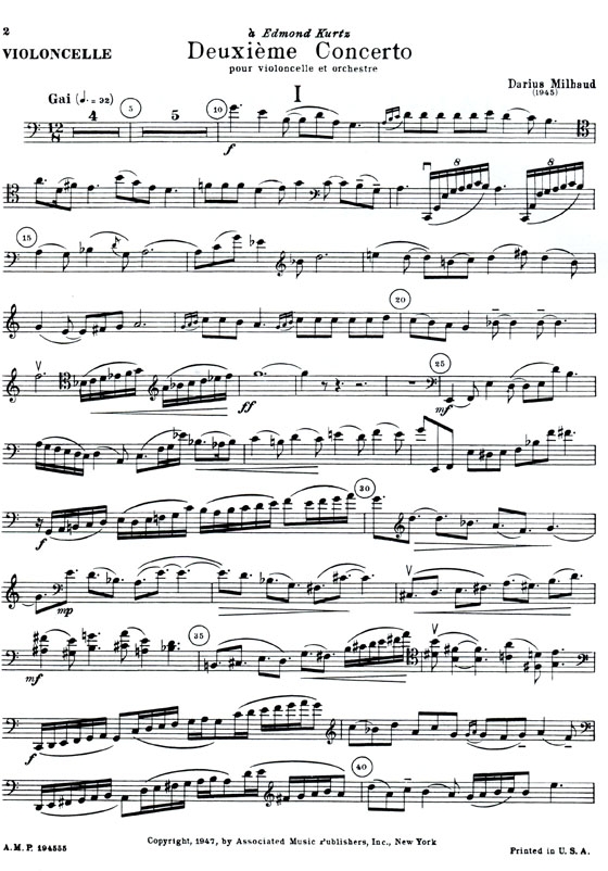 Darius Milhaud【Concerto No.2】for Cello and Orchestra Cello/Piano Reduction