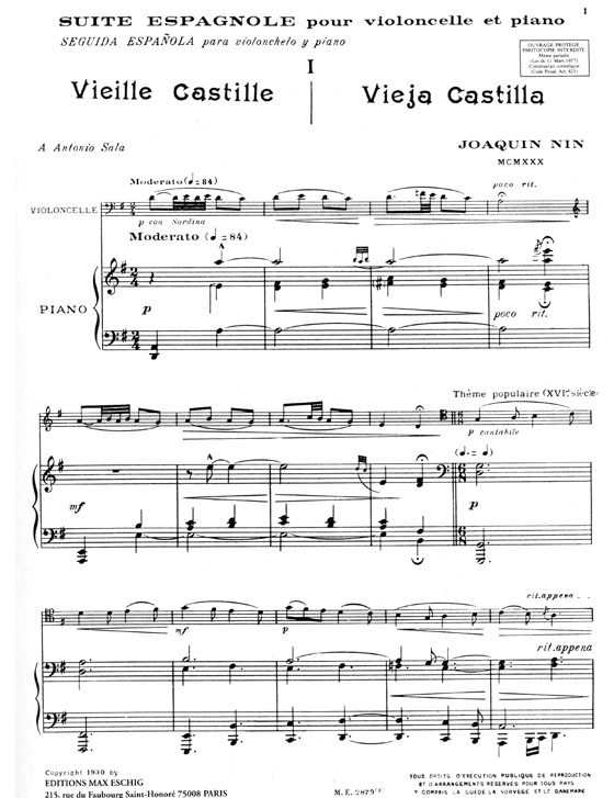 Joaquin Nin【Suite Espagnole】pour Violoncelle et Piano