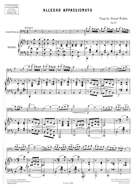 Camille Saint Saens【 Allegro Appassionato Opus 43】for Cello and piano