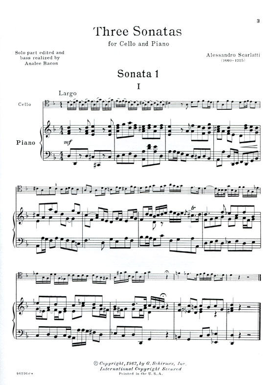 A. Scarlatti【Three Sonatas】for Cello and Piano