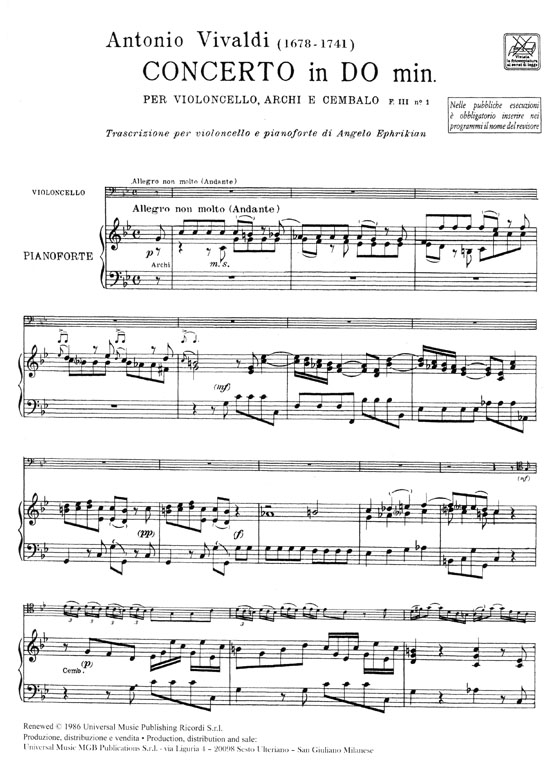 A. Vivaldi 【Concerto in do Minore F Ⅲ ,1】for Violoncello Strings and Basso Continuo , RV 401