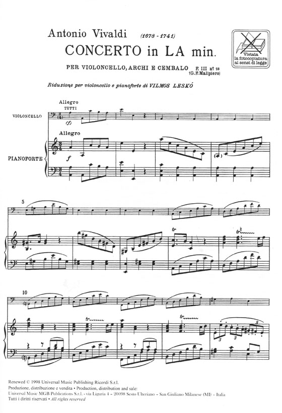 A. Vivaldi【Concerto il La minore F Ⅲ n.18】for Violoncello Strings and Basso Continuo , RV 418