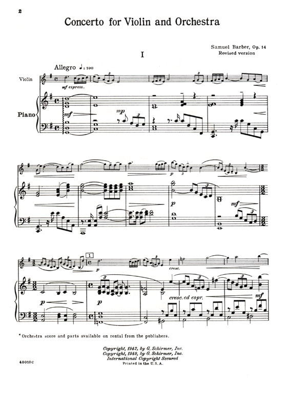 Samuel Barber【Concerto for Violin and Orchestra , Op. 14】Violin and Piano , Revised Version