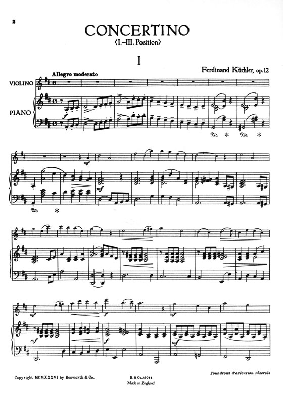 F. Küchler【Concertino in D , Op. 12】for Violin and Piano (1st and 3rd position)