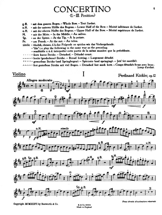 F. Küchler【Concertino in D , Op. 12】for Violin and Piano (1st and 3rd position)