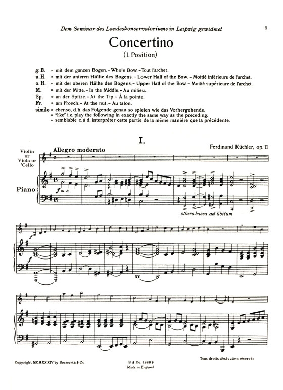 F. Küchler【Concertino in G , Op. 11】for Violin and Piano (1st position)