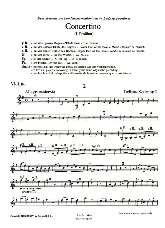 F. Küchler【Concertino in G , Op. 11】for Violin and Piano (1st position)