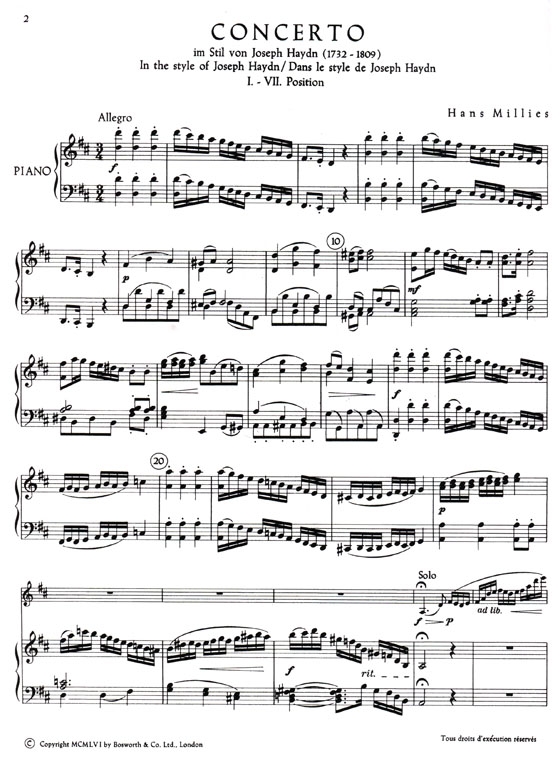 H. Millies【Concerto in D , in the style of Haydn】for Violin and Piano(1st to 7th position)