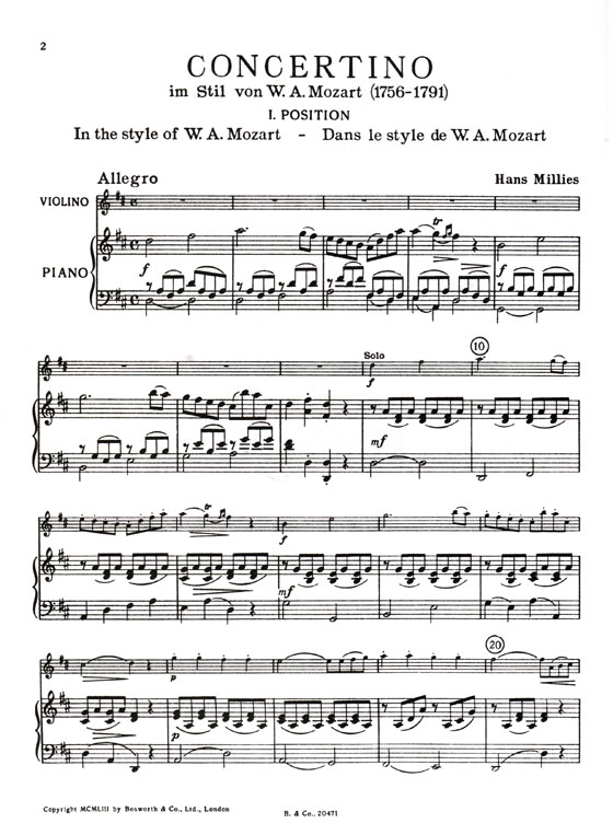 H. Millies【Concerto in D , in the style of Mozart】for Violin and Piano (1st position)