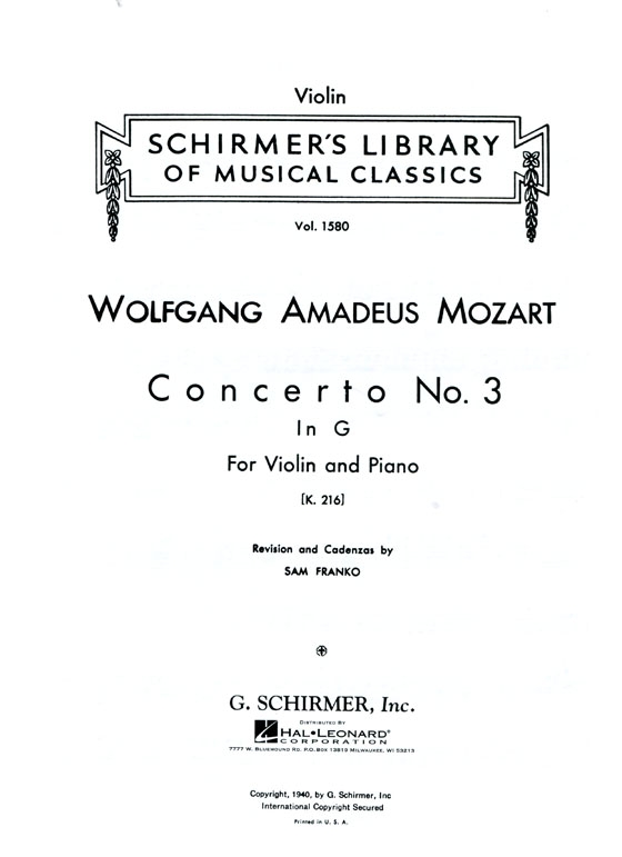 Mozart【Concerto No. 3 in G, K. 216】for Violin and Piano