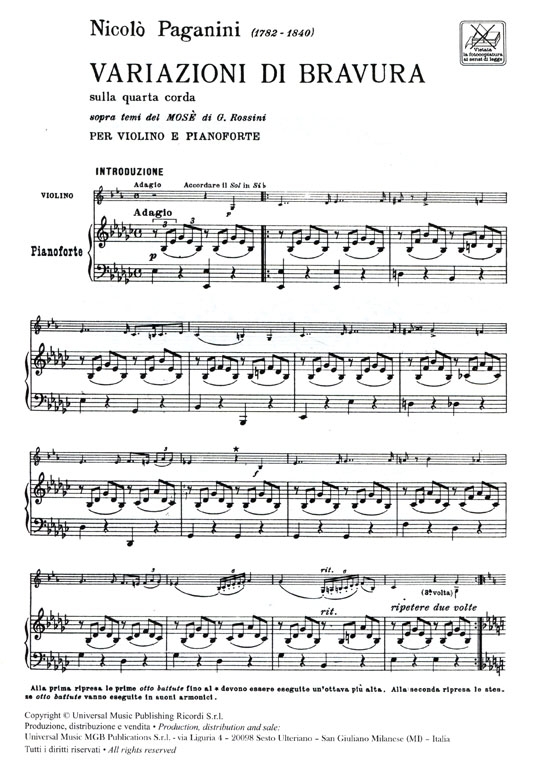 Paganini【Variazioni Di Bravura】Sulla quarta corda , sopra temi del “Mosè” di G. Rossini per Violino e Pianoforte