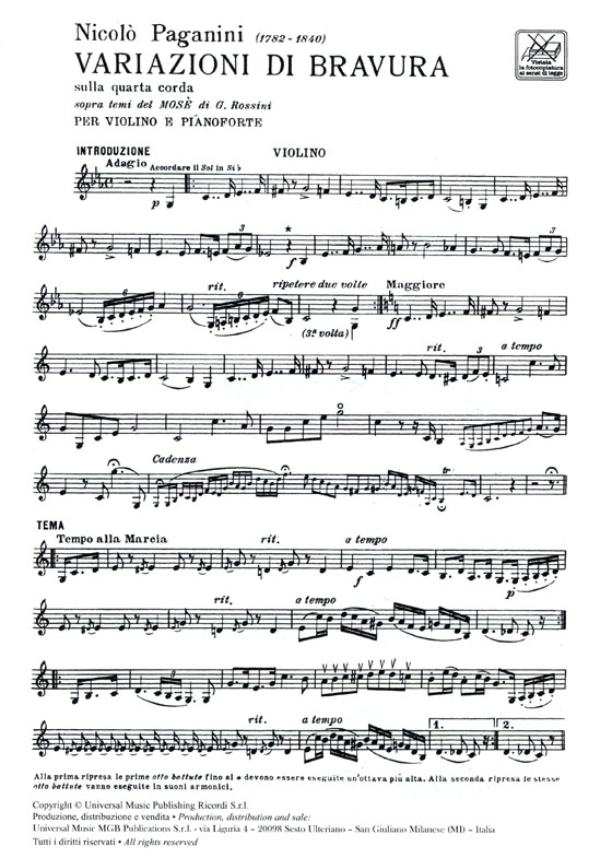 Paganini【Variazioni Di Bravura】Sulla quarta corda , sopra temi del “Mosè” di G. Rossini per Violino e Pianoforte