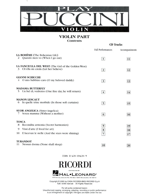 Play Puccini for Violin【CD+樂譜】