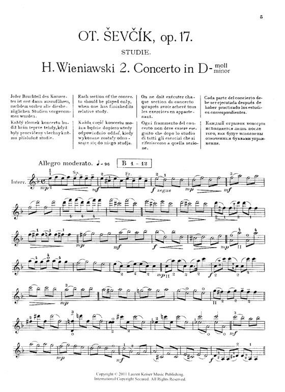 Otakar Sevcik Op. 17 / Wieniawski【Violin Concerto in D minor , Op.22】complete Violin and Piano Score , Analytical Studies& Exercises