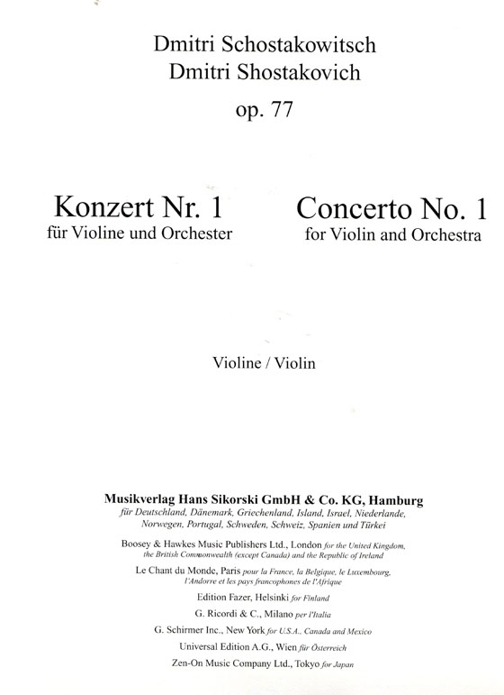 Dmitri Shostakovich【Concerto No.1, Op.77】for Violin and Orchestra / Piano Score