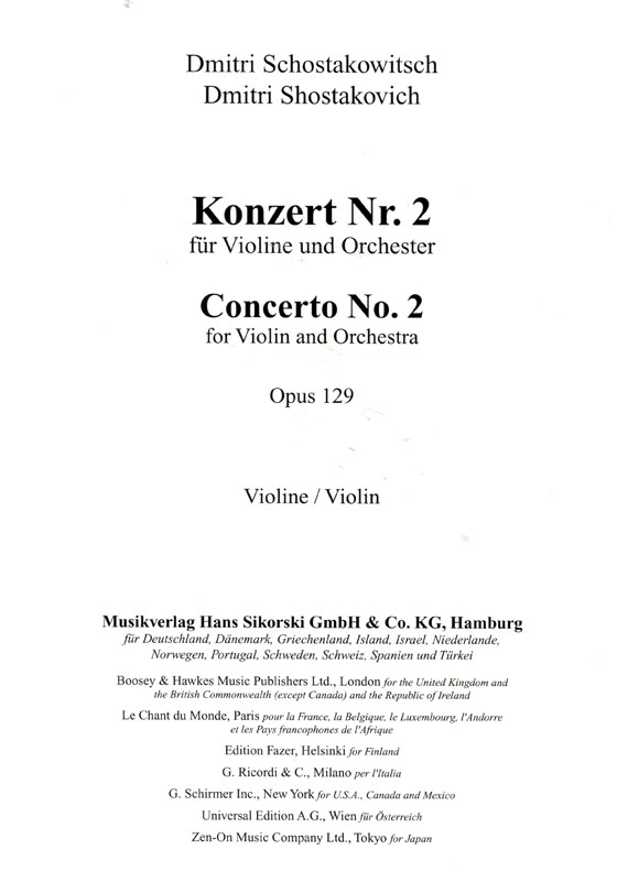 Dmitri Shostakovich【Concerto No.2 , Op.129】for Violin and Orchestra / Piano Score