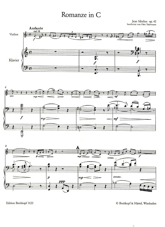 Jean Sibelius【Romanze in C】für Violine und Klavier , Op.42