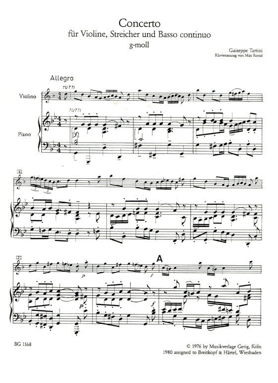 Tartini【Concerto g-moll】für Violine,Streicher und Basso continuo , Ausgabe für Violin and Klavier