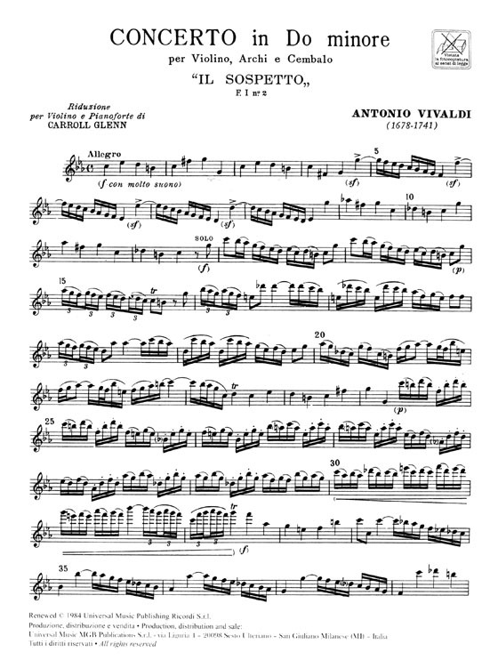 A. Vivaldi【Concerto in Do Minore Ⅱ Sospetto - FⅠ, 2 Riduzione】per violino e pianoforte