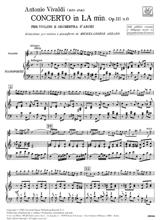 A. Vivaldi【Concerto in La minore Op. Ⅲ, 6】Riduzione per violino e pianoforte A. Vivaldi【Concerto in La minore Op. Ⅲ, 6】Riduzione per violino e pianoforte