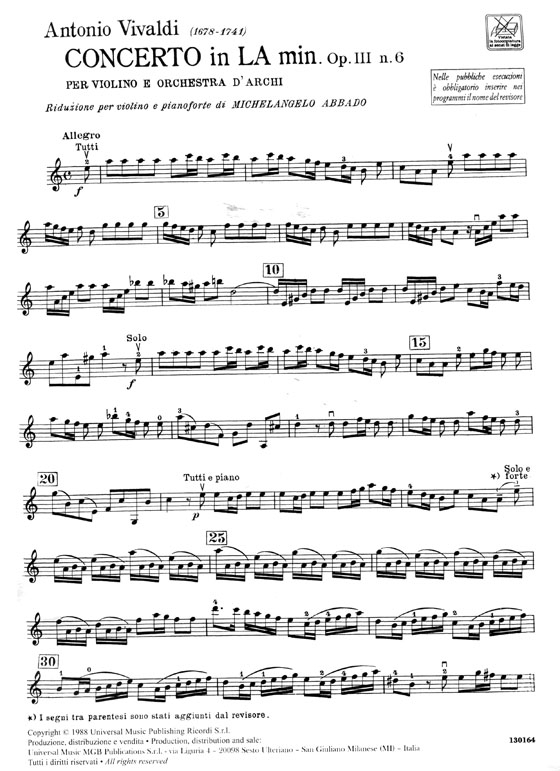 A. Vivaldi【Concerto in La minore Op. Ⅲ, 6】Riduzione per violino e pianoforte