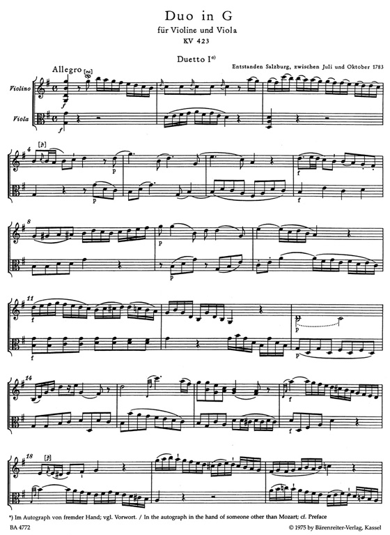 Mozart【Duets】for Violin and Viola , KV 423, 424