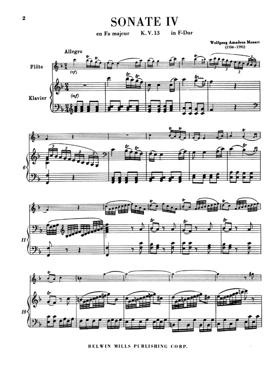 Mozart【Six Sonatas , K. 13 , K. 14 , K. 15】Volume Ⅱ, for Flute and Piano