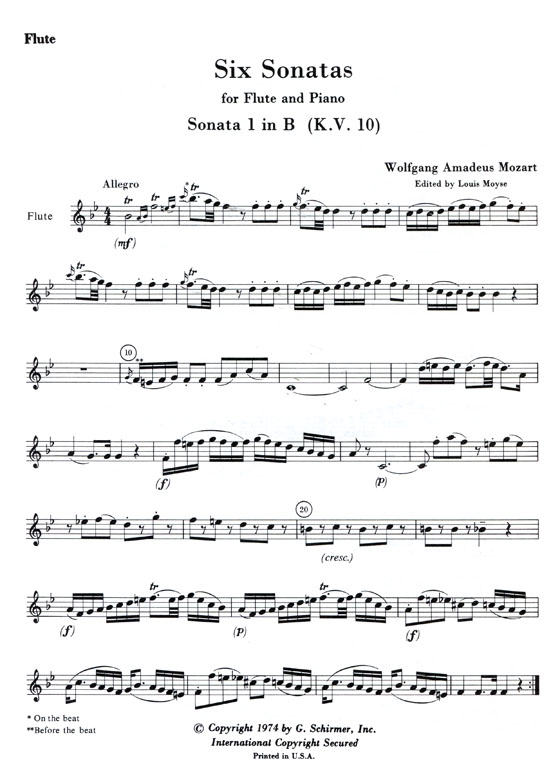 Wolfgang Amadeus Mozart【Six Sonatas , K.V. 10, K. 11, K. 12, K. 13, K. 14,K. 15】for Flute and Piano