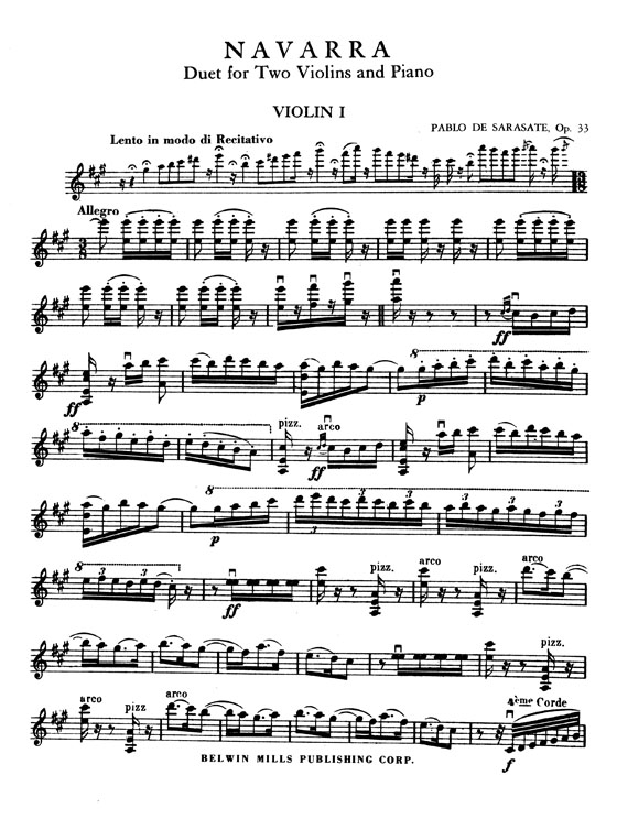 Sarasate【Navarra , Opus 33】for Two Violins and Piano