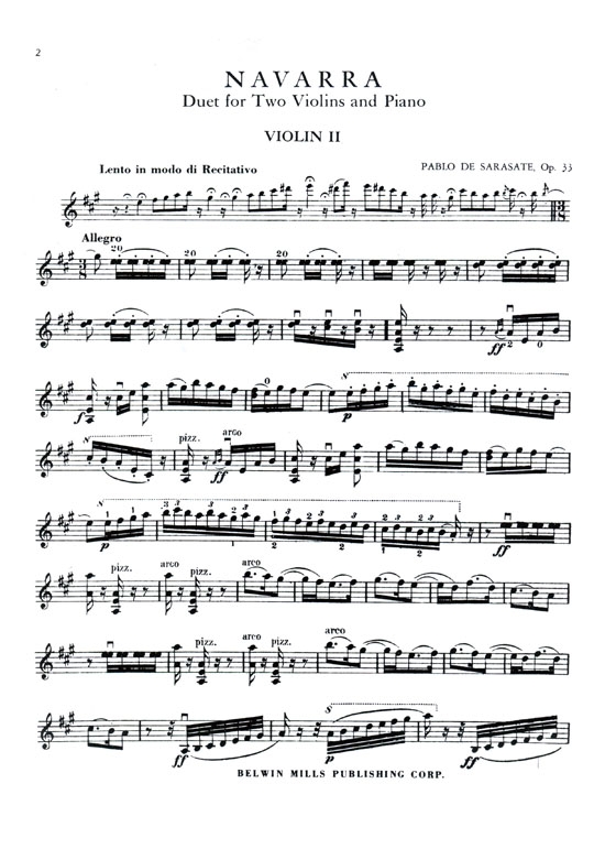 Sarasate【Navarra , Opus 33】for Two Violins and Piano