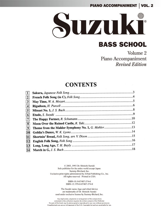 Suzuki Bass School 【Volume 2】 Piano Accompaniment, Revised Edition