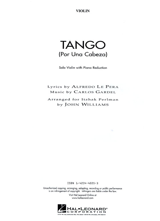 Tango（Por Una Cabeza）Solo Violin with Piano Reduction