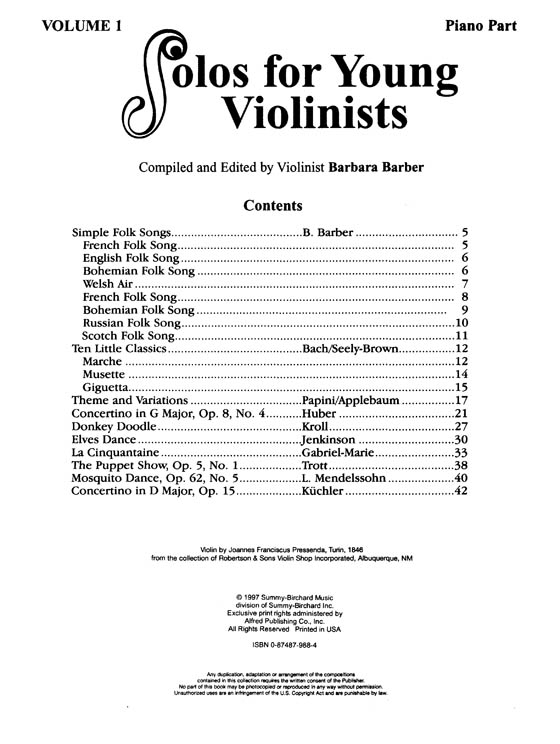 Solos for Young Violinists Volume【1】Violin Part and Piano Part