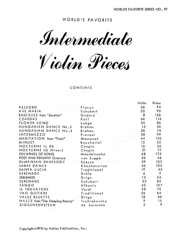 Intermediate Easy Violin Pieces【World's Favorite Series】No. 92