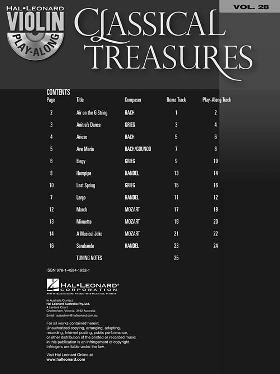 Classical Treasures【CD+樂譜】12 Violin Solos with Authentic CD Tracks ,VOL. 28