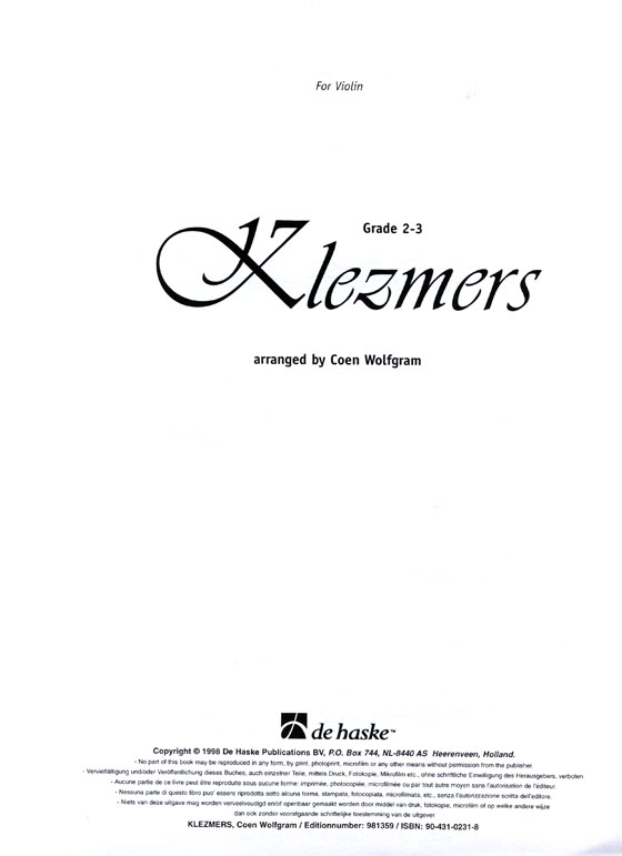 Klezmers  for Violin and Piano Accompaniment , Grade 2- 3