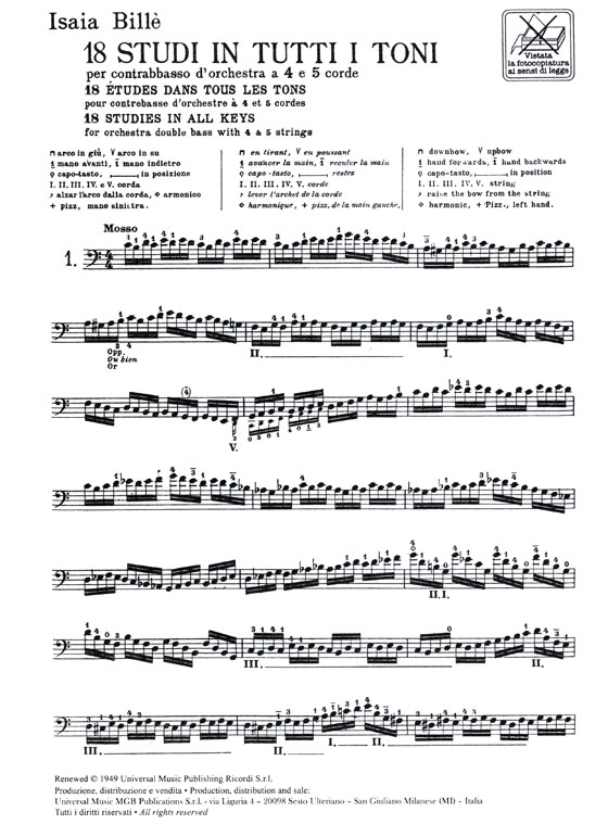 Billé【18 Studi in Tutti i Toni】Per Contrabbasso D'orchestra A 4E 5 Corde
