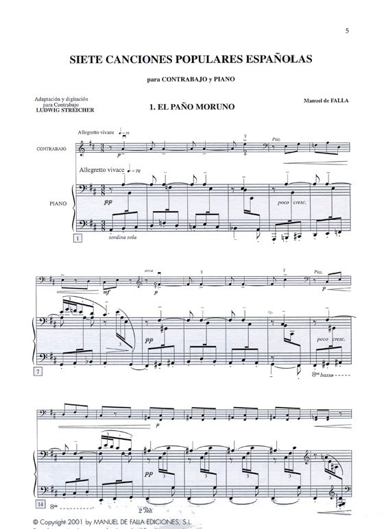 Manuel de Falla【Siete Canciones Populares Espanolas】for String Bass and Piano