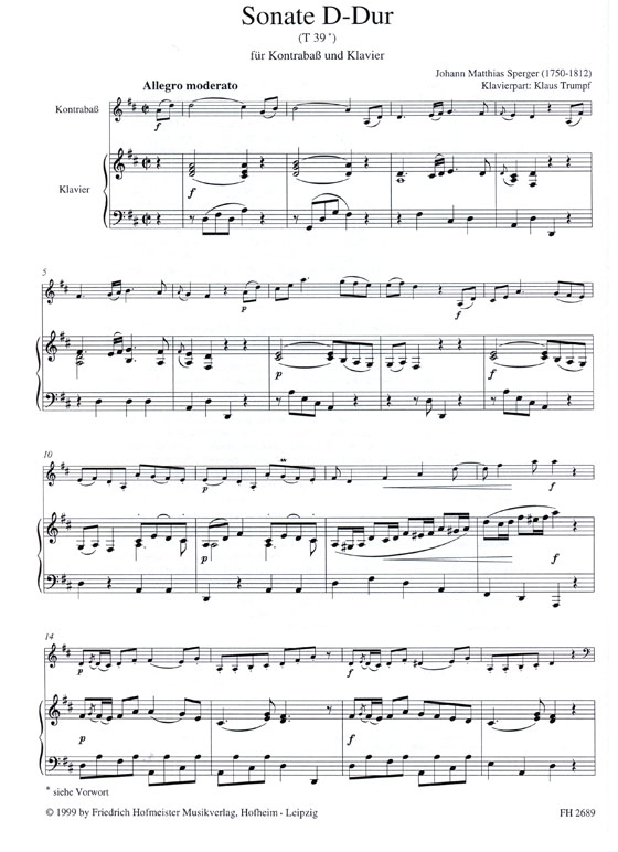 Johann Matthias Sperger【Sonate D - Dur(T39)】für Kontrabaß und Orchester