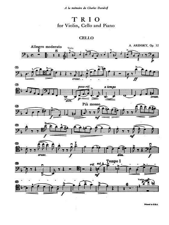 Arensky【Trio in D minor , Opus 32】for Violin , Cello and Piano