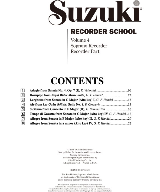Suzuki Recorder School Volume【4】Soprano Recorder , Recorder Part