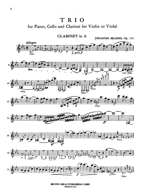 Brahms【Trio in A Minor , Opus 114】for Piano , Cello and Clarinet (or Violin or Viola)