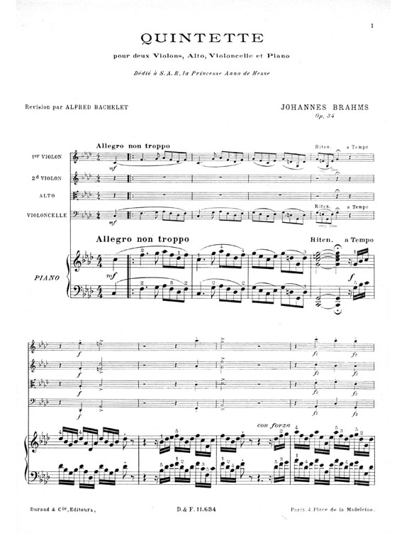 Johannes Brahms【Quintette en fa mineur , Op. 34】Piano , deux Violons , Alto et Violoncelle