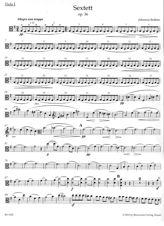 Brahms【Sextett in G】für 2 Violinen , 2 Violen and 2 Violoncelli , Opus 36