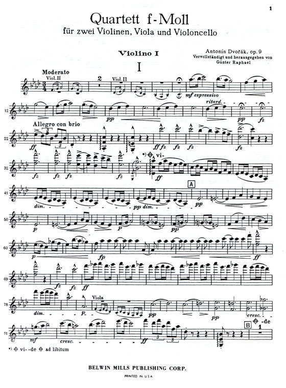 Dvorák【String Quartet in F Minor】for Two Violins , Viola and Cello , Opus 9 Dvorák【String Quartet in F Minor】for Two Violins , Viola and Cello , Opus 9