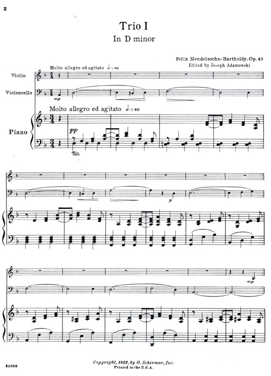 Mendelssohn【Trio in D Minor , Op. 49】for Piano , Violin and Violoncello Mendelssohn【Trio in D Minor , Op. 49】for Piano , Violin and Violoncello