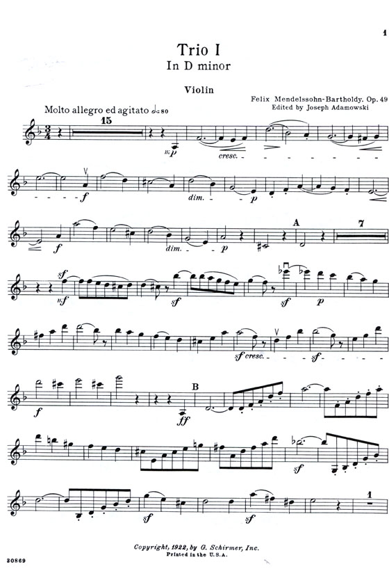 Mendelssohn【Trio in D Minor , Op. 49】for Piano , Violin and Violoncello Mendelssohn【Trio in D Minor , Op. 49】for Piano , Violin and Violoncello
