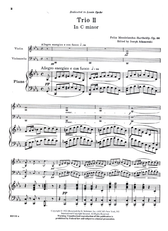 Mendelssohn【Trio in C Minor , Op. 66】for Piano , Violin and Violoncello Mendelssohn【Trio in C Minor , Op. 66】for Piano , Violin and Violoncello