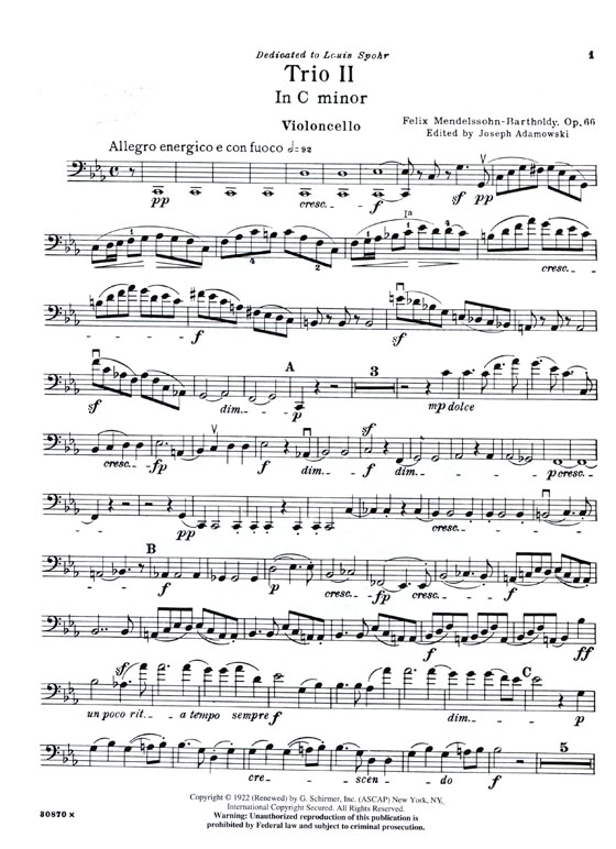 Mendelssohn【Trio in C Minor , Op. 66】for Piano , Violin and Violoncello